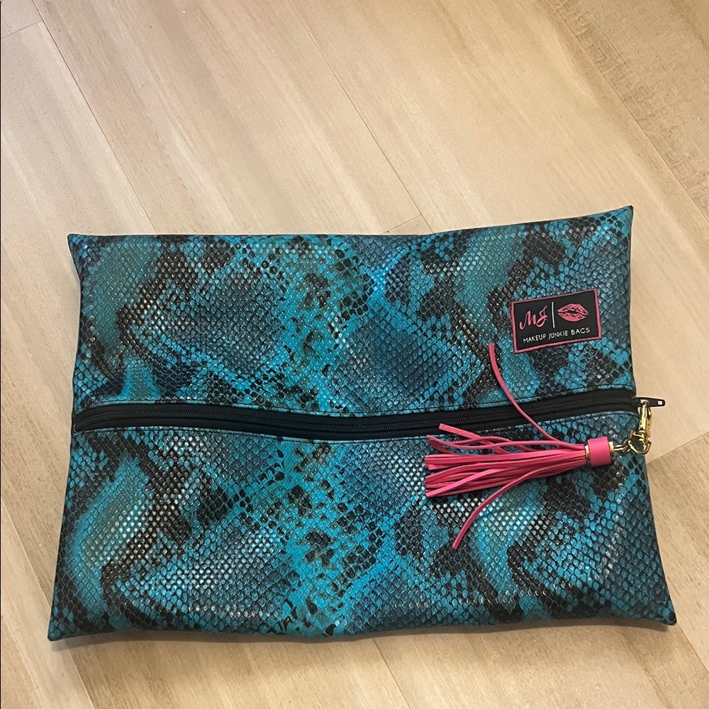 MZ Wallace Blue Snake Print Cosmetic Bag with Pink Tassel
